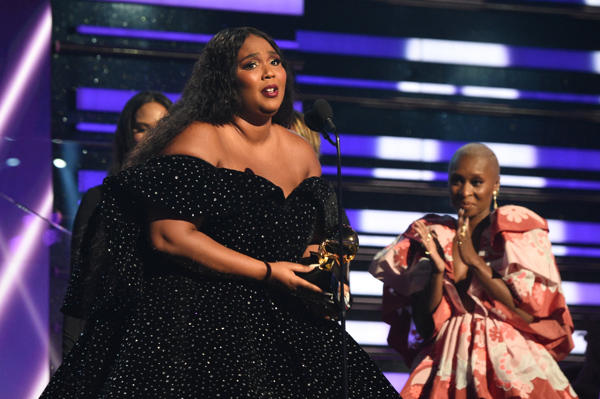 LOS ANGELES, CALIFORNIA - JANUARY 26: Lizzo accepts award for Best Urban Contemporary Album For 'Cuz I Love You (Deluxe) during the during the 62nd Annual GRAMMY Awards at STAPLES Center on January 26, 2020 in Los Angeles, California. (Photo by Kevin Mazur/Getty Images for The Recording Academy)