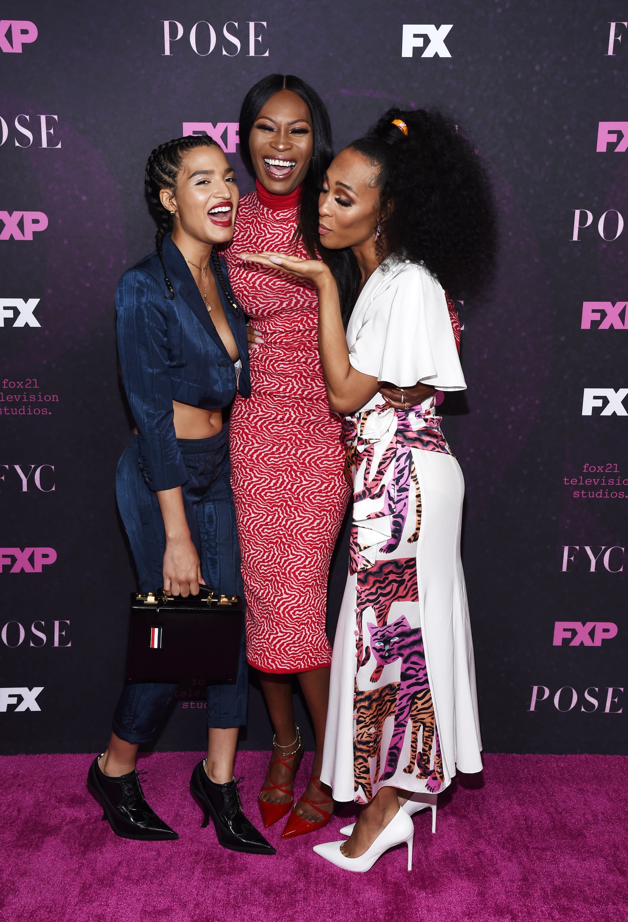 HOLLYWOOD, CALIFORNIA - JUNE 01: (L-R) Indya Moore, Dominique Jackson and Mj Rodriguez attend the FYC Event for FX'x