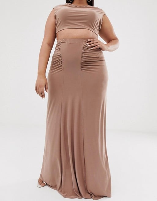 Club L London Plus ruched detail slinky maxi skirt in camel