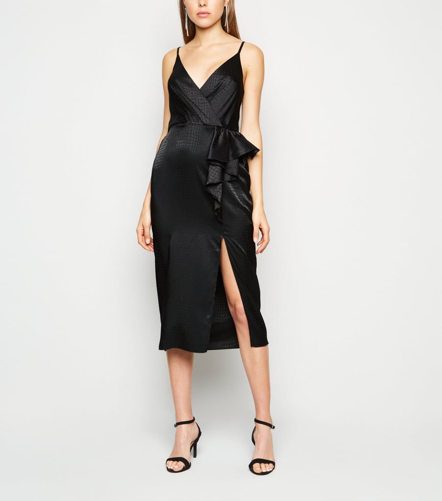 New Look Black Satin Snake Jacquard Ruffle Midi Dress