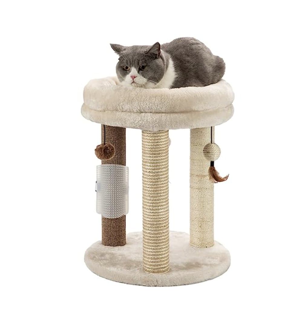 MECOOL 4in1 Small Cat Tree ($34) 
If your furry friend is on the smaller side, they'll love using this comfy cat tree. The bed will hug them snuggly during naps and when they're ready to play or groom, they can choose between a variety of accessories, including a scratching post, hanging ball toy, and beauty massage brush.