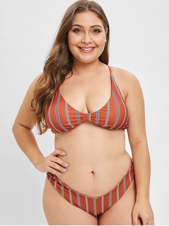 ZAFUL Plus Size Striped Bikini Set   CHESTNUT RED