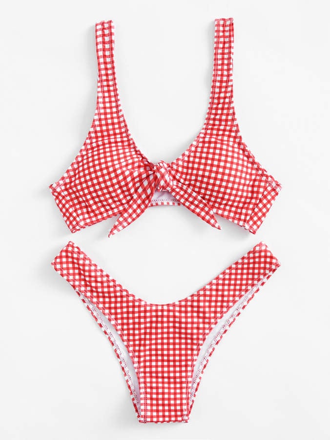 Romwe Knot Front Gingham Bikini Set