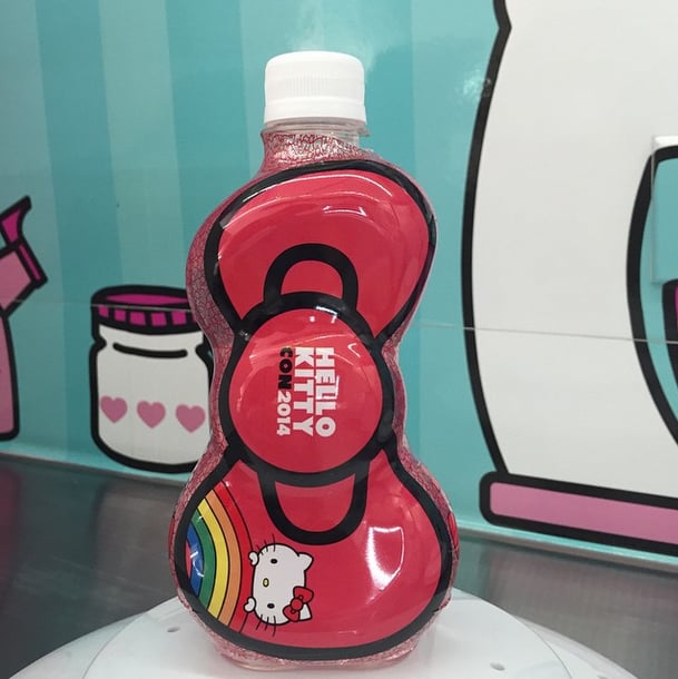 The mobile cafe sells signature water bottles, like this special Hello Kitty Con option.