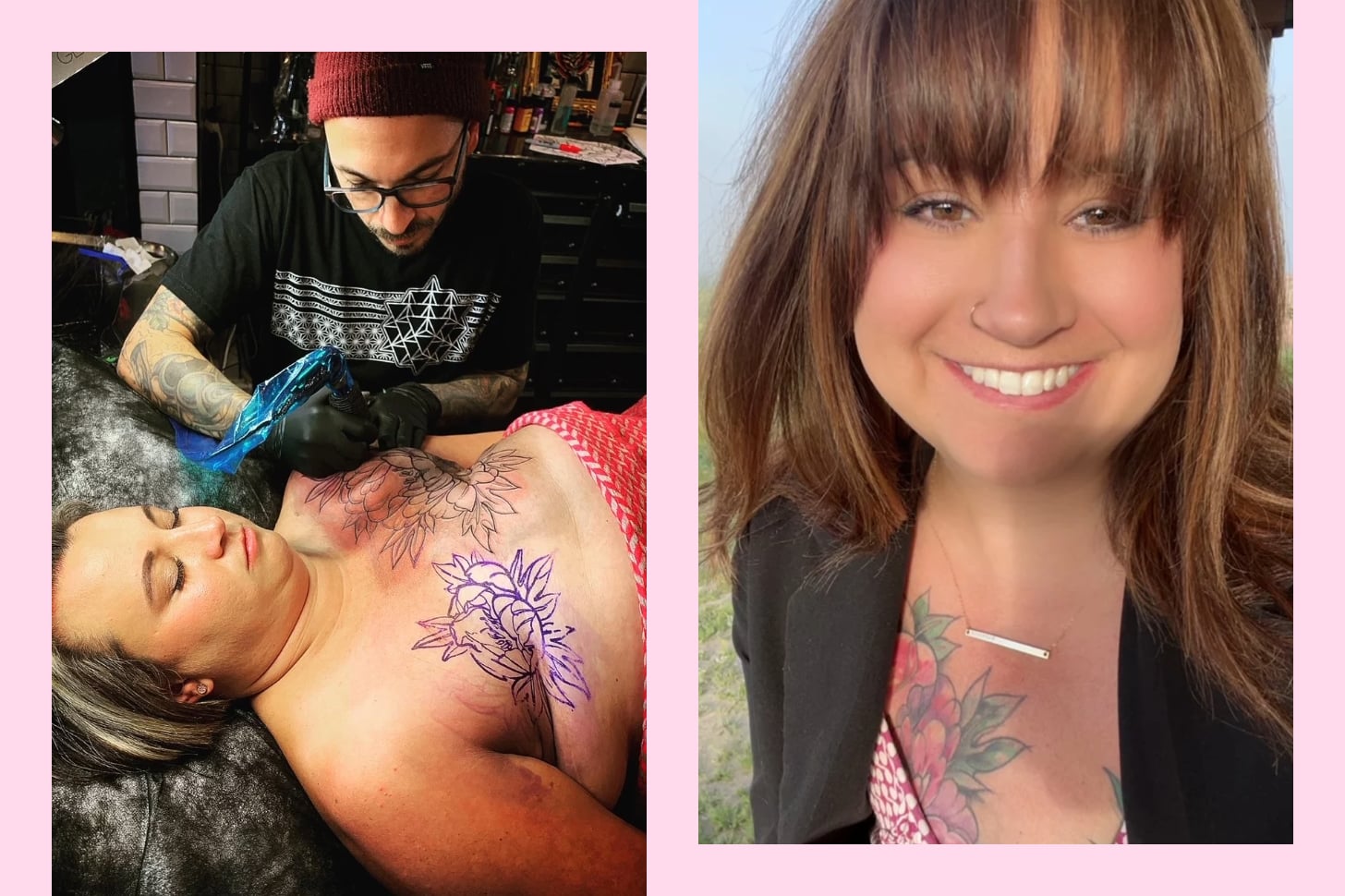 Erin Burnett during and after getting a mastectomy scar tattoo.