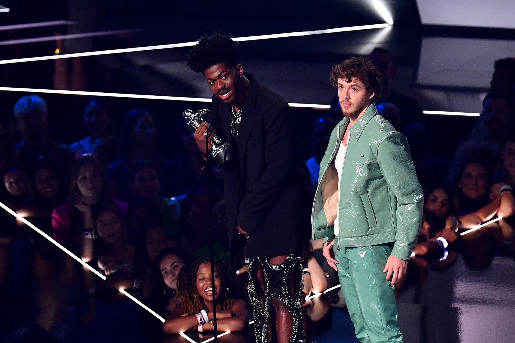 US rapper Lil Nas X (L) and US rapper Jack Harlow receive the award for Best collaboration during the MTV Video Music Awards at the Prudential Centre in Newark, New Jersey on August 28, 2022. (Photo by ANGELA  WEISS / AFP) (Photo by ANGELA  WEISS/AFP via Getty Images)