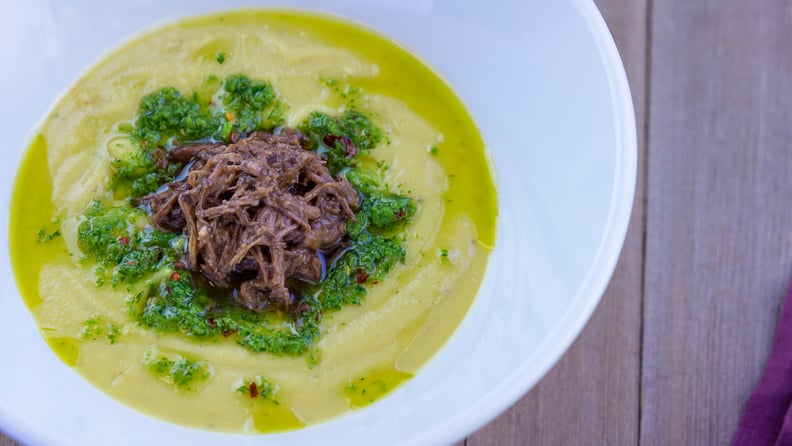 Curry Cauliflower Soup With Braised Lamb and Mintchurri