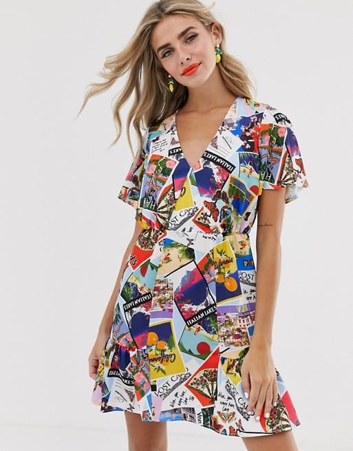 Twisted Wunder V-Neck Minidress in Postcard Print