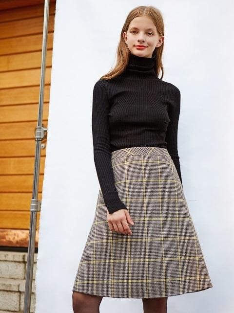 Handmade Midi wool Check Skirt Yellow