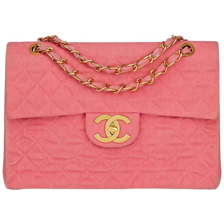 Chanel 1993 Pink Quilted Denim Vintage Maxi Jumbo XL Flap Bag