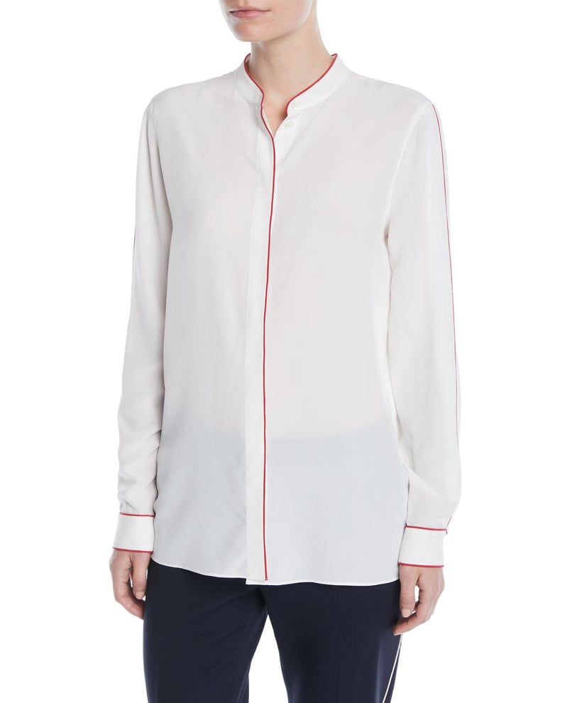 Escada Button-Front Long-Sleeve Silk Blouse With Contrast Piping