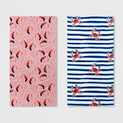 Sun Squad 2pk Flamingo and Crab Striped Beach Towel Set Pink/Blue
