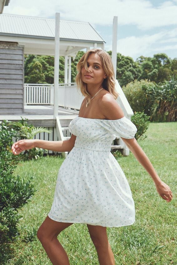 Cotton On Woven Frankie Puff Sleeve Shirred Fit And Flare