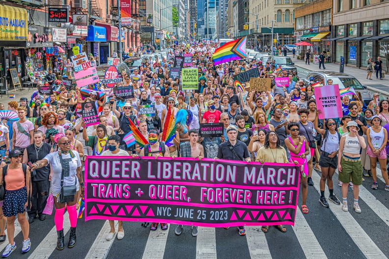 MANHATTAN, NEW YORK, UNITED STATES - 2023/06/25: Participants seen holding a banner at the march. Thousands of New Yorkers took to the streets of Manhattan to participate on the Reclaim Pride Coalition's (RPC) fifth annual Queer Liberation March, where no