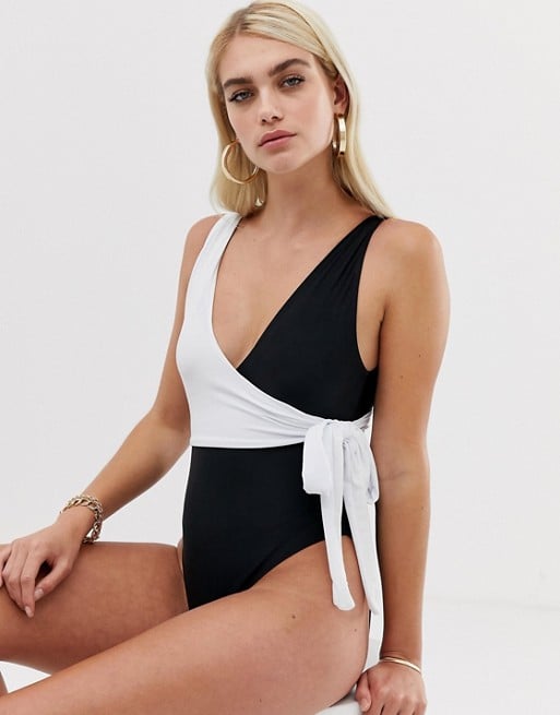 Boohoo Contrast Wrap Swimsuit in Mono