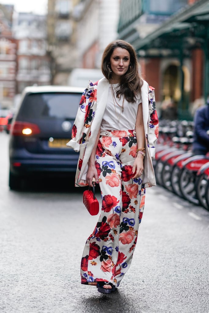 Tone down head-to-toe print with a simple white t-shirt and a coordinated bag.