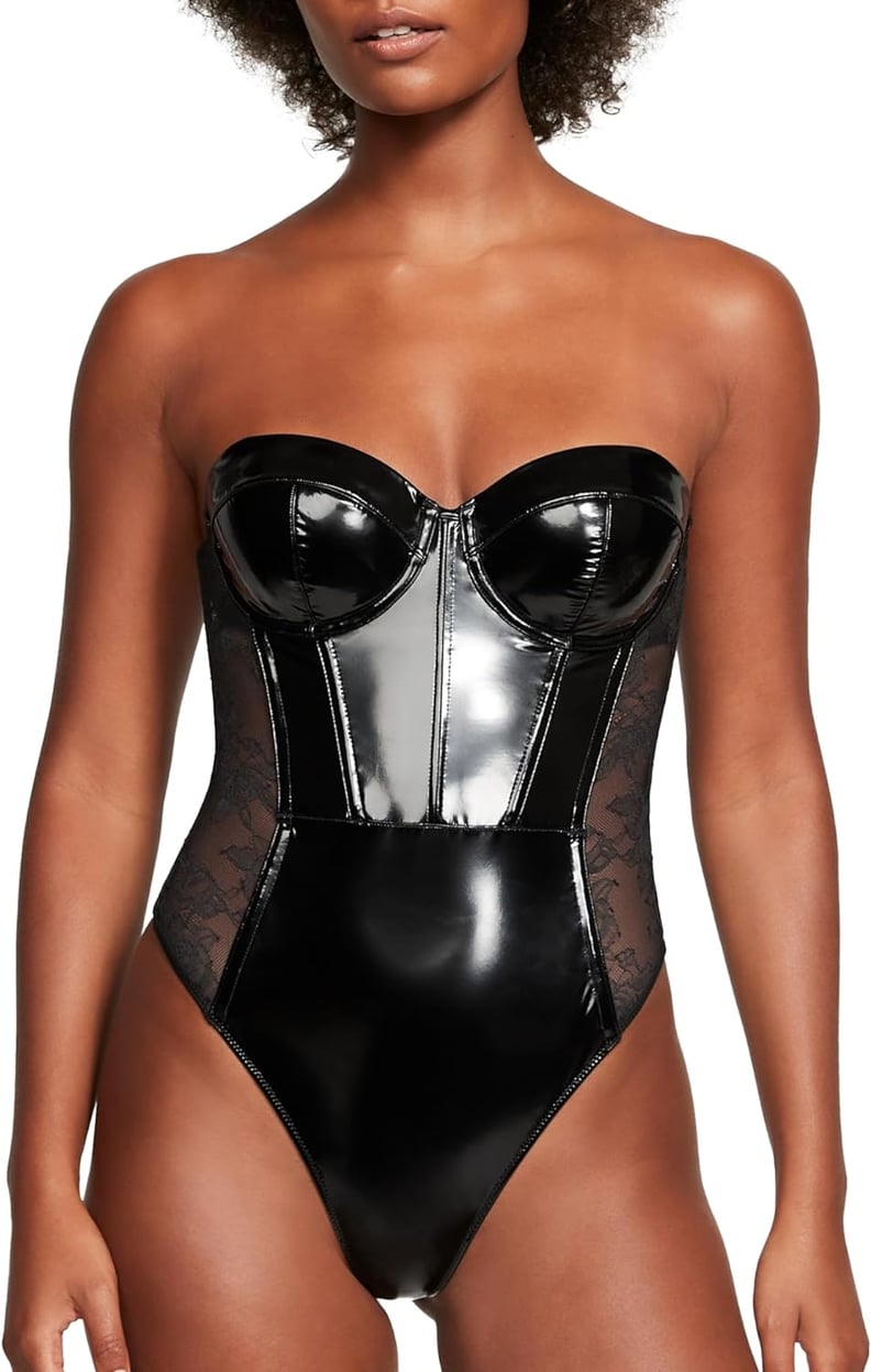 LATEX BODYSUIT Underwired Bustier Corset Bra Top Plunging Shine Leather  Black