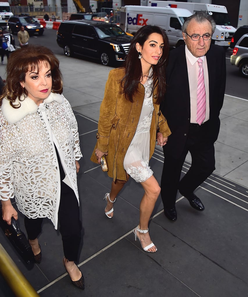 Amal Clooney Wearing a Gucci Suede Coat 2015