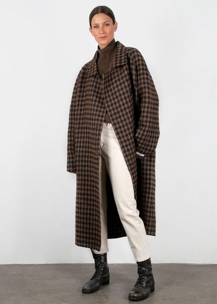 Frankie Asymmetrical Button Wool Blend Coat in Black and Brown Check