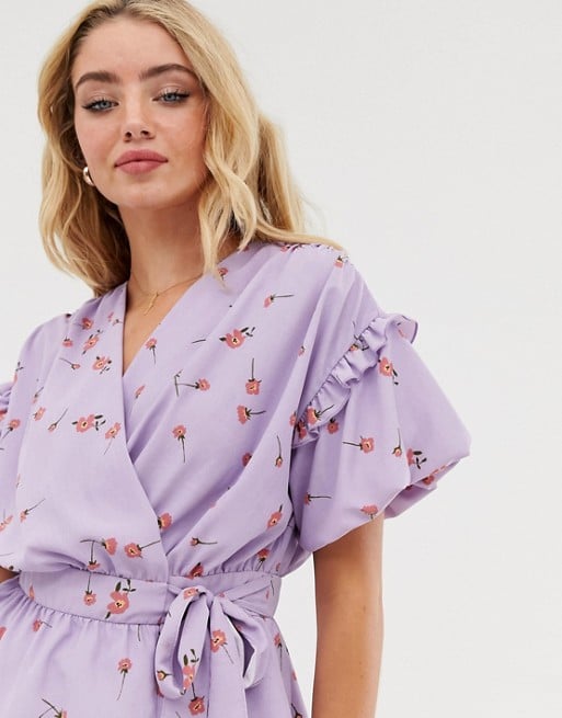 ASOS DESIGN Wrap Top With Ruffle Detail in Ditsy Floral Print