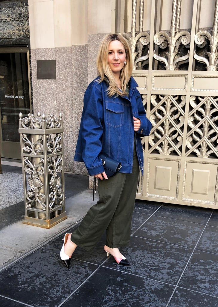 I love the drama that comes with an oversize jacket, and this denim style felt perfectly in line with the utilitarian vibe of my boilersuit. Adding in a funky pair of mules (can you tell this is my favorite shoe style?), sleek half-moon bag, and knotted pair of earrings, this outfit was my perfect work-to-dinner look that I would also wear on the weekends for drinks with friends.  
On Laura: POPSUGAR at Kohl's utility suit, ADEAM denim jacket, bag, and earrings, Malone Souliers mules.
