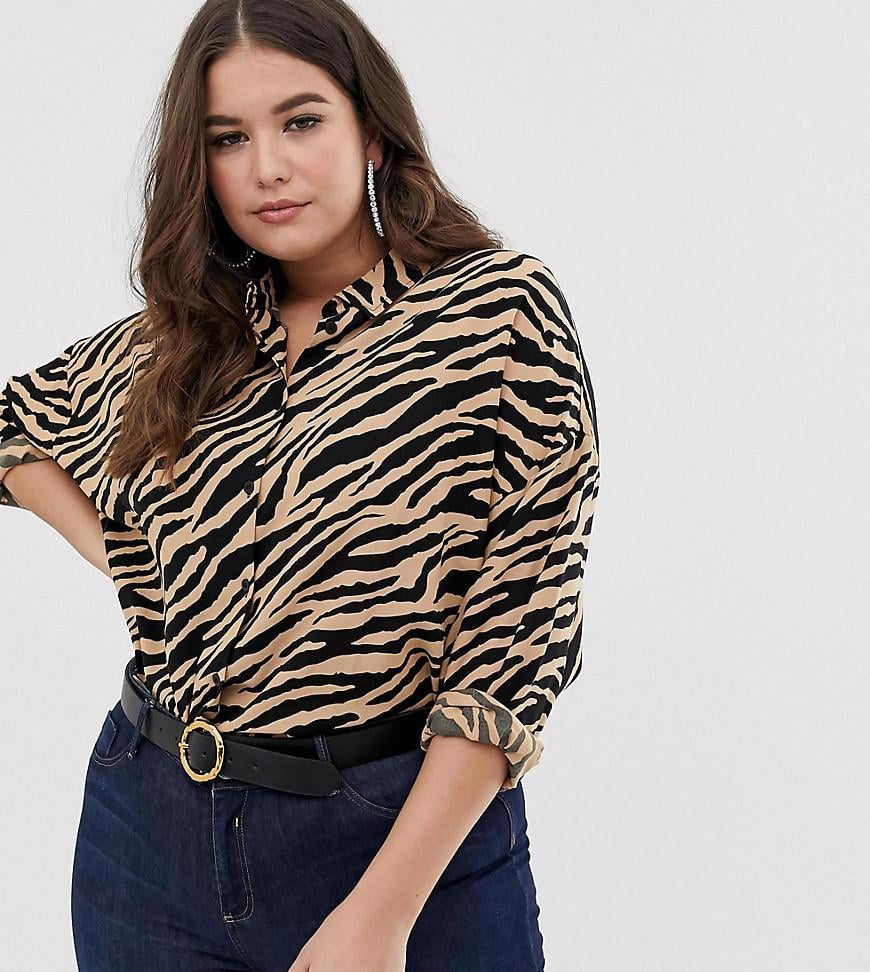 ASOS Design Curve Cropped Long Sleeve Shirt in Tiger Animal Print