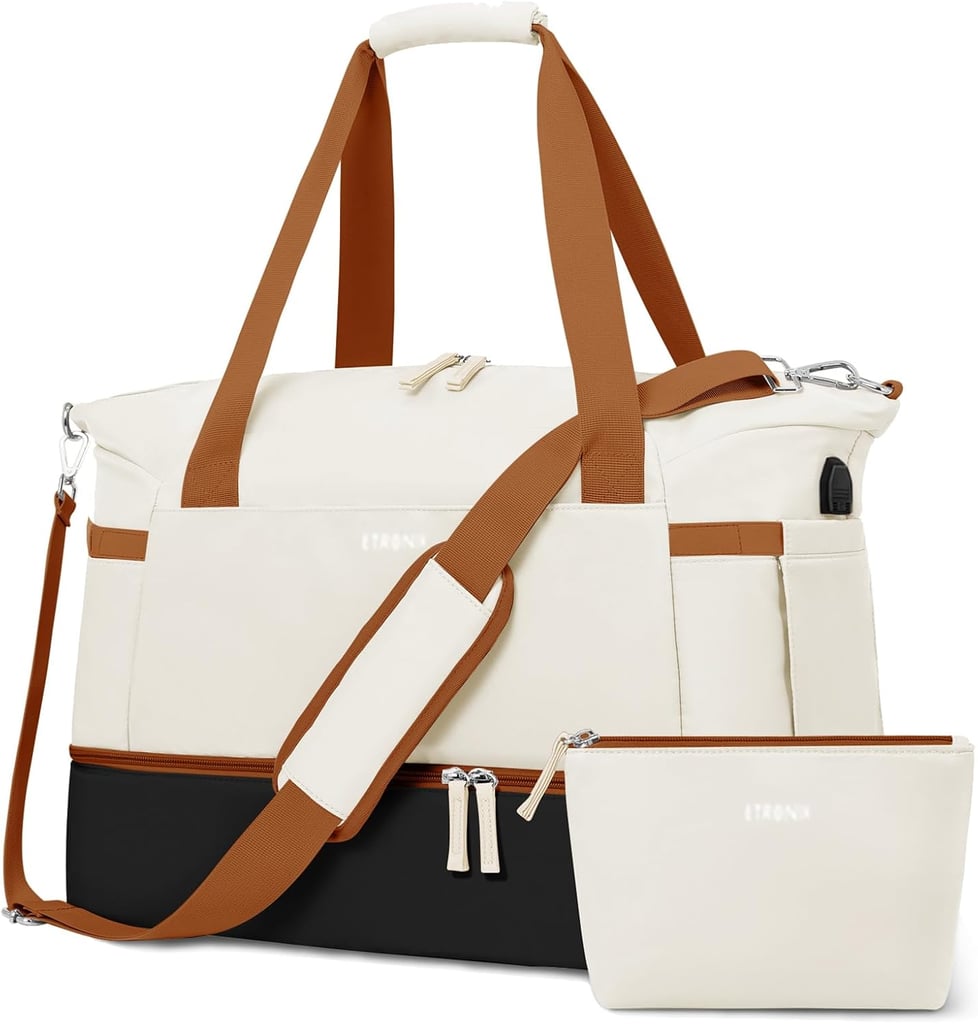 Etronik Gym Bag ($34, originally $50)
This duffel has all the standout features of the celeb-founded lookalike, but for a fraction of the price. It comes with a dedicated shoe compartment to keep your kicks separate from your clothes, a roomy wet pocket for post-swim essentials, a built-in USB charging port, and plenty of other convertible details. It also fits as a personal item on most airlines.
