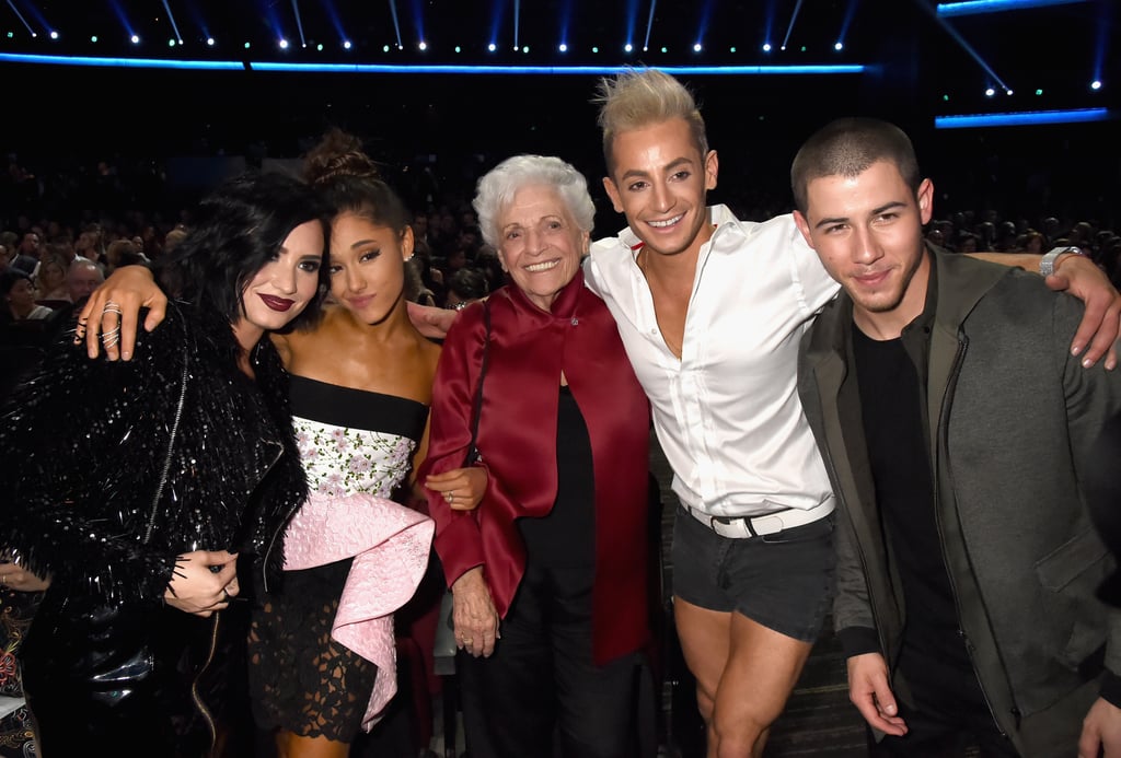 Demi, Ariana, Ariana's Grandma and Brother, and Nick Jonas