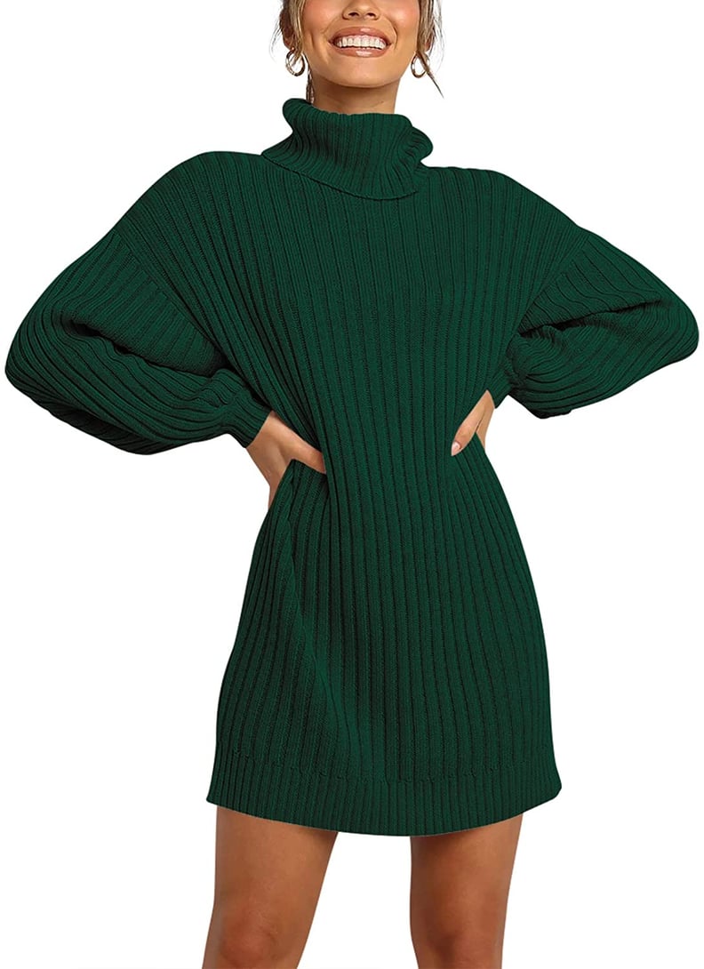 Logene Oversized Turtleneck Ribbed Knit Pullover Dress