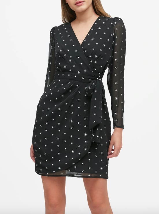 Metallic Star Puff-Sleeve Wrap Dress