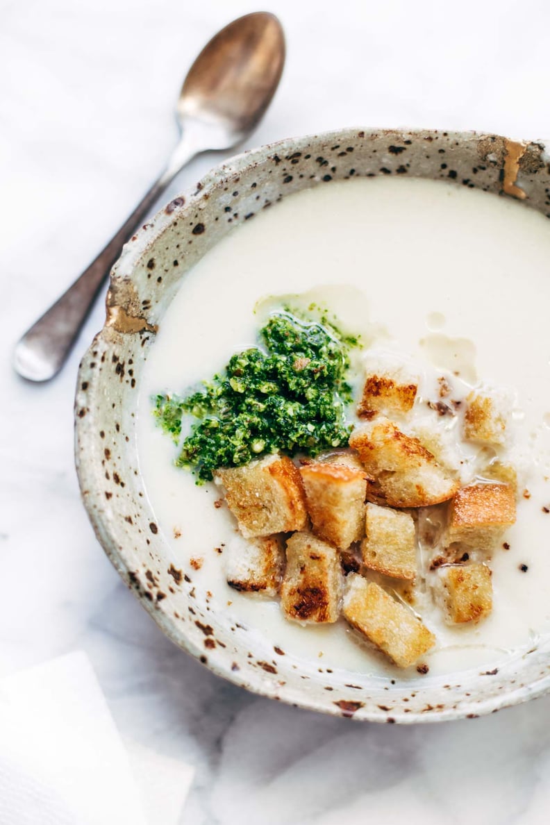 5-Ingredient Cheesy Cauliflower Soup With Kale Pesto