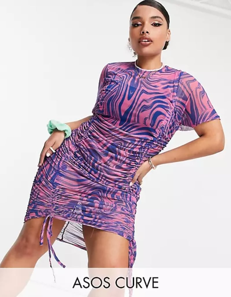 Shop Wavy Dresses: ASOS Design Curve Printed Mesh Dress With Ruching in Multi