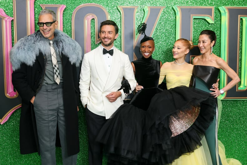 LONDON, ENGLAND - NOVEMBER 18: (L to R) Jeff Goldblum, Jonathan Bailey, Cynthia Erivo, Ariana Grande and Michelle Yeoh attend the European Premiere of 