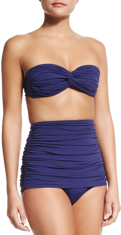 6 Norma Kamali Johnny D Bandeau Swim Top ($175) and Bill High-Waisted Shirred Swim Bottom, Midnight ($185)