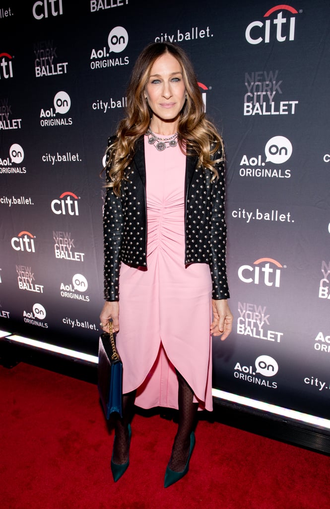 Leave it to Carrie Bradshaw Sarah Jessica Parker to absolutely kill it in a sheer-sleeved pastel pink Giles high-low dress and studded Saint Laurent jacket in November 2013. We won't even get into those luxe forest-green pumps and sapphire chain-strap bag — we're already bowing down.
Where to Wear: A stint of karaoke. This outfit was made for the stage.