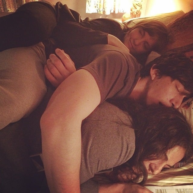 Lena Dunham, Adam Driver, and Allison Williams snuggled on the set of Girls season four.
Source: Instagram user lenadunham