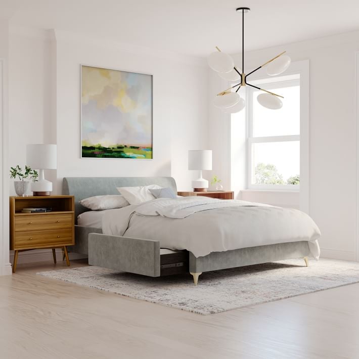 A Velvet Bed Frame With Drawers: West Elm Andes Deco Upholstered Storage Bed