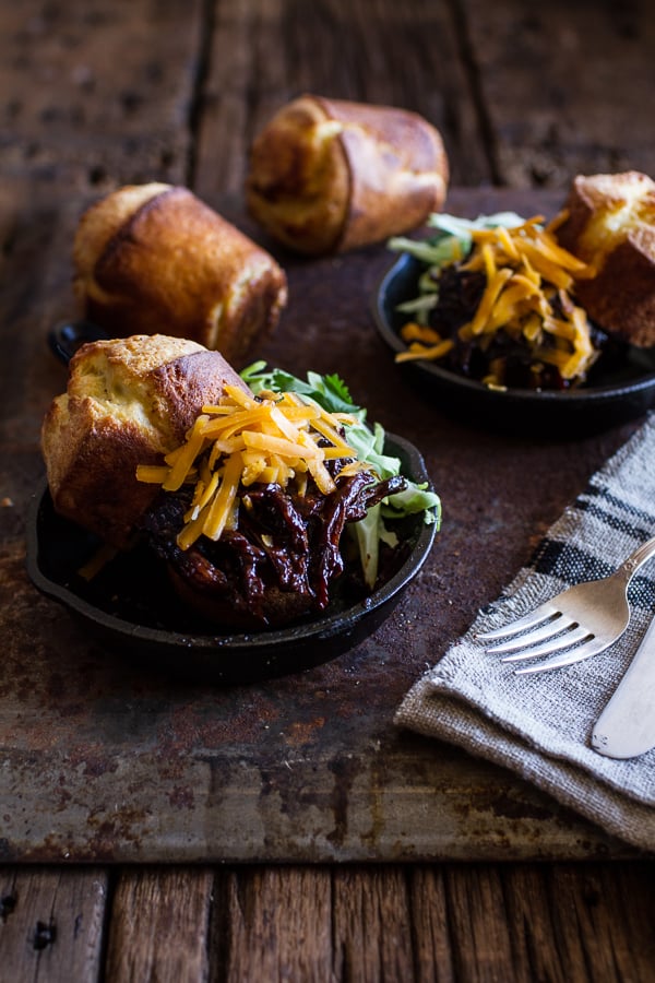 Crockpot Barbecue Beer Pulled Chicken With Cheddar Corn Popovers