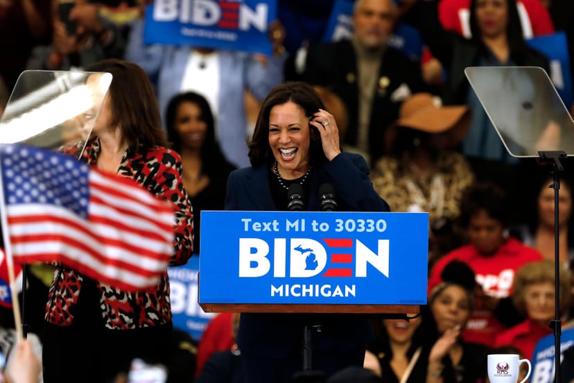 California Senator Kamala Harris endorses Democratic presidential candidate former Vice President Joe Biden as she speaks to supporters during a campaign rally at Renaissance High School in Detroit, Michigan on March 9, 2020. (Photo by JEFF KOWALSKY / AFP