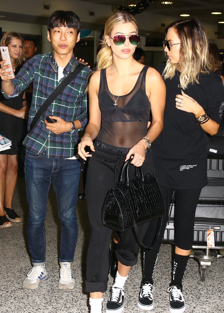 Hailey Baldwin Arrived in Sydney, Australia Wearing a Sheer Top