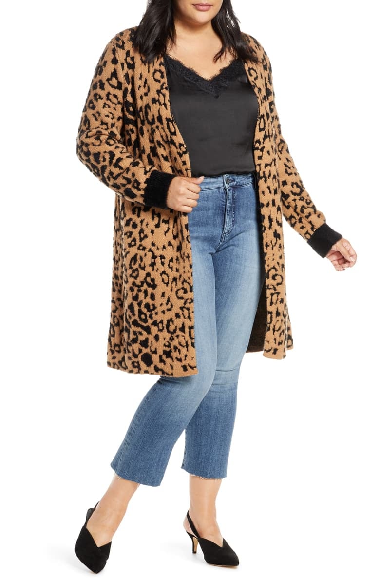 1.STATE Leopard Jacquard Eyelash Cardigan Curvy Girls This