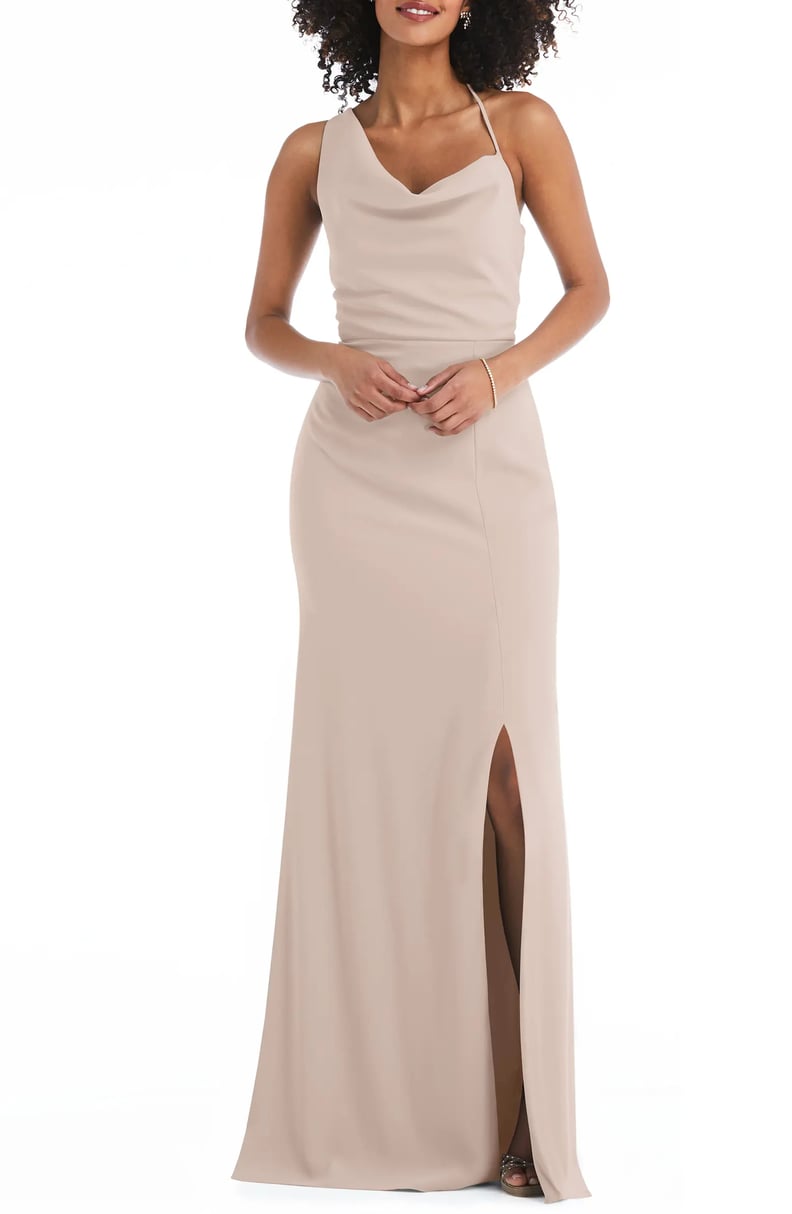 Pared-Down Pretty: After Six Draped Cowl Neck Trumpet Gown