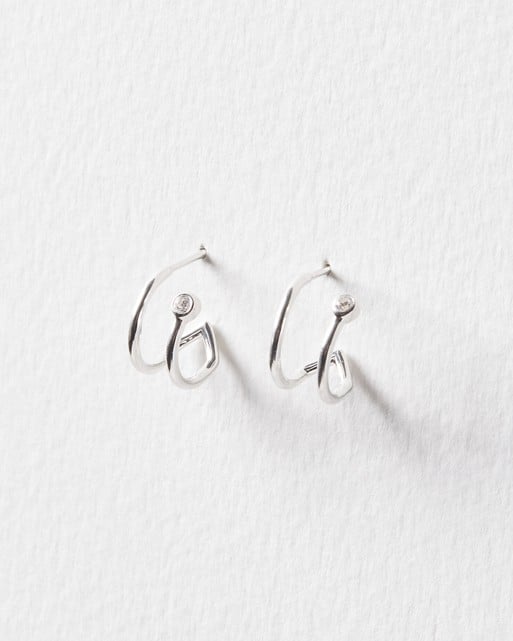 Oliver Bonas Sander Double Curve & Gem Detail Silver Hoop Earrings