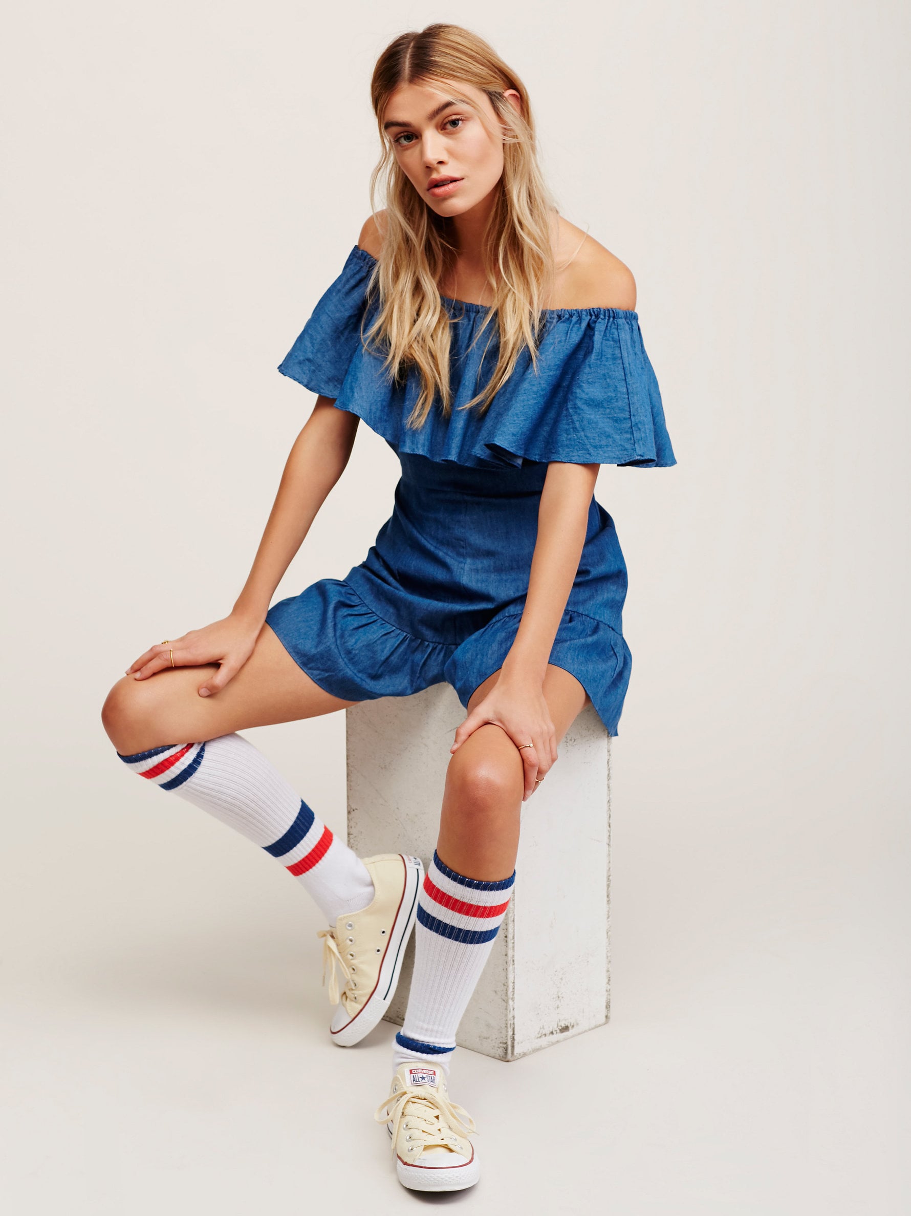 off the shoulder denim playsuit