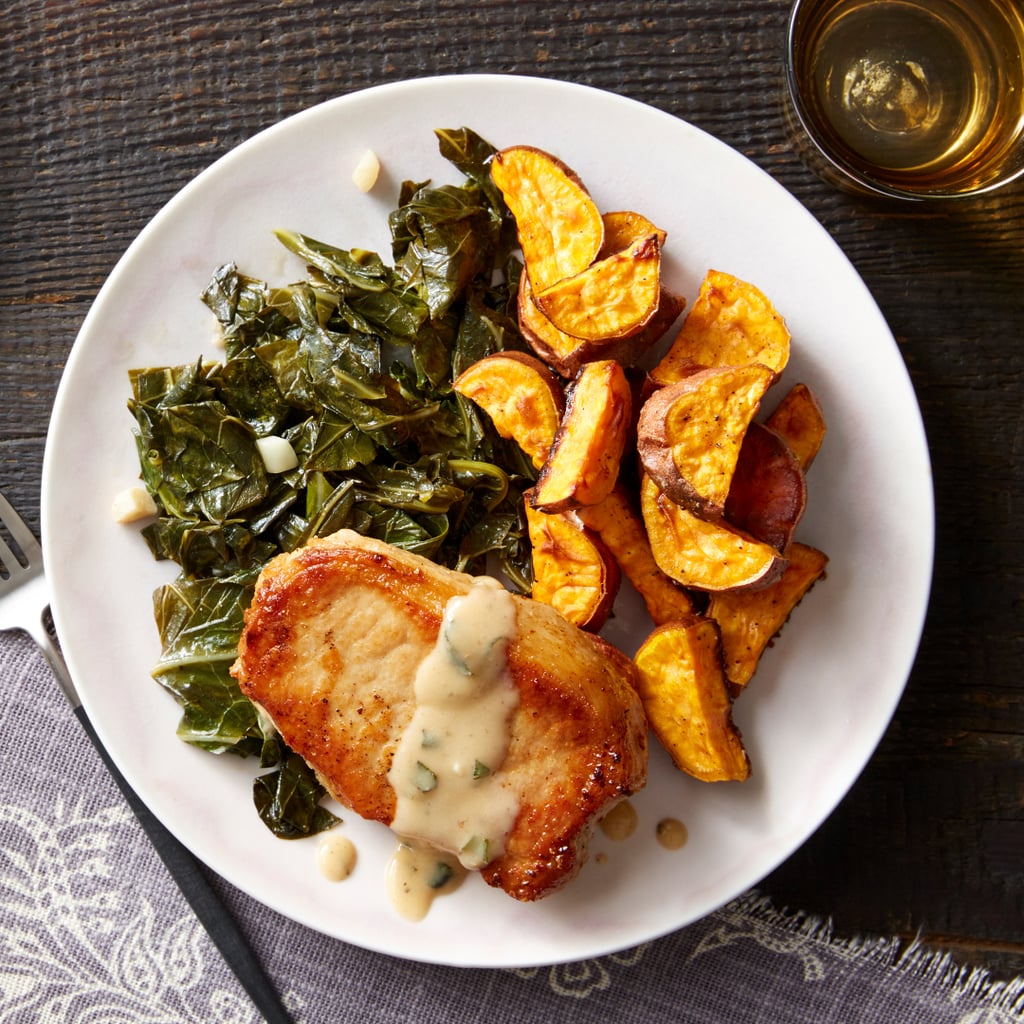 Maple Gravy-Smothered Pork Chops With Stewed Collard Greens and Sweet Potatoes