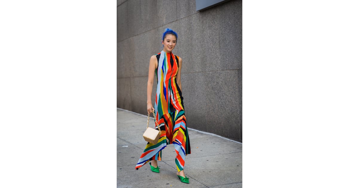 Work a colorful pair with an equally vibrant, floorskimming dress