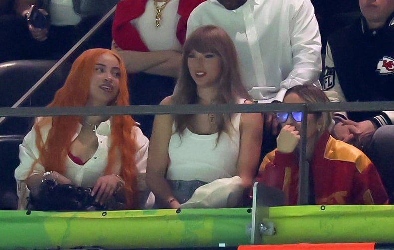 NEW ORLEANS, LOUISIANA - FEBRUARY 09: (L-R) Ice Spice, Ashley Avignone, and Taylor Swift attend the Super Bowl LIX at Caesars Superdome on February 09, 2025 in New Orleans, Louisiana. (Photo by Jamie Squire/Getty Images)