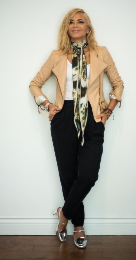With Black Jogger Pants, a Printed Handkerchief, a Pastel Leather Jacket, and Silver Heels