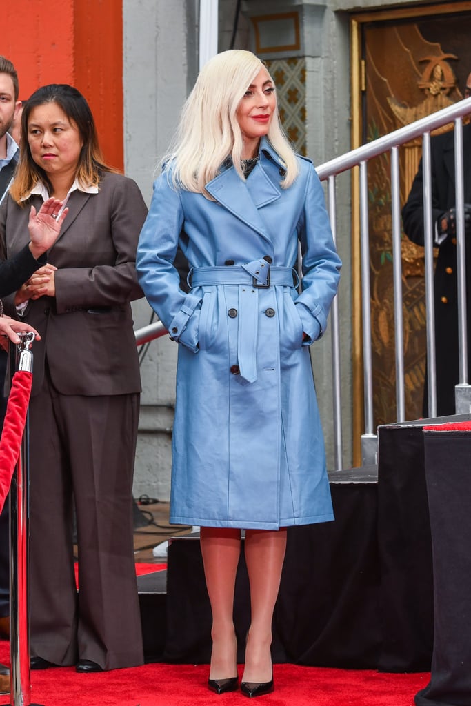 Lady Gaga Blue Leather Trench Coat