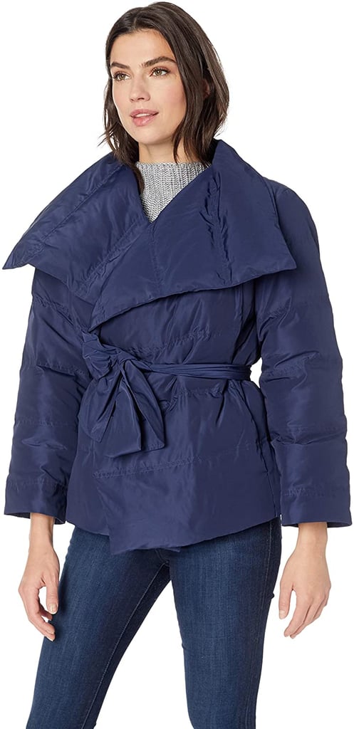 Lark & Ro Long Sleeve Short Puffer Coat with Wrap in Navy